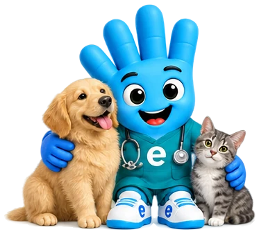 e-eldiven maskotu, köpek ve kediye sarılan — Veteriner